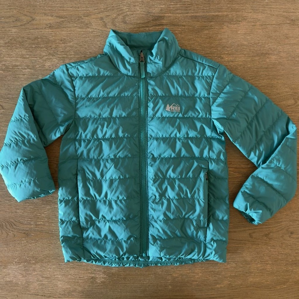 REI Co-op 650 Down Puffer Jacket Kids Small Teal Full Zip Packable Lightweight